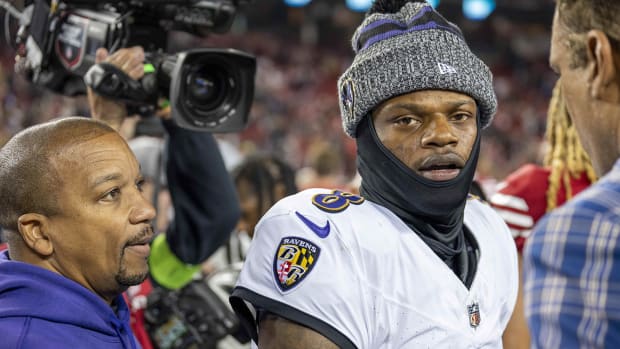 Baltimore Ravens quarterback Lamar Jackson is interviewed after his team’s win over the San Francisco 49ers on Dec. 25, 2023.
